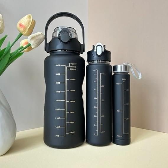 Knowyourhomeneeds (BLACK)| Set of 3 Water Bottle 2000ML, 900ML, 300ML with Motivational